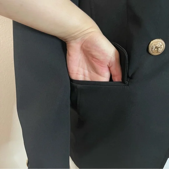 Black lapel collar women's blazer with metal buttons decor - Picture 6 of 11